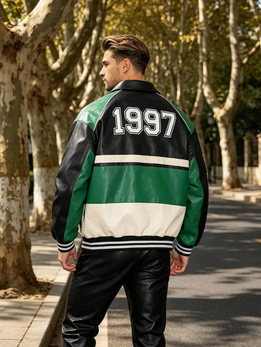 Men's Racing Jacket Faux Leather Race Car Motorcycle Biker Style
